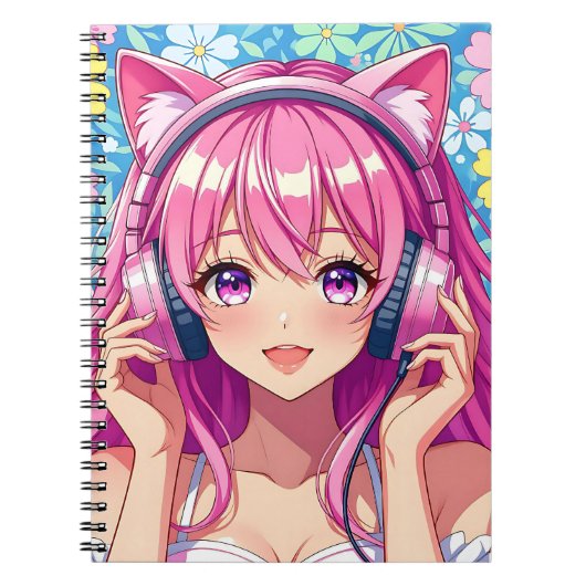 Cute Pink Anime Girl with Headphones Notitieboek (Voorkant)
