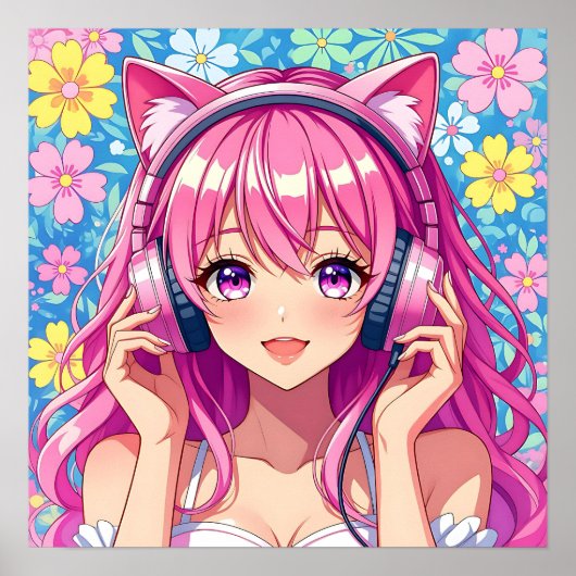 Cute Pink Anime Girl with Headphones Poster (Voorkant)