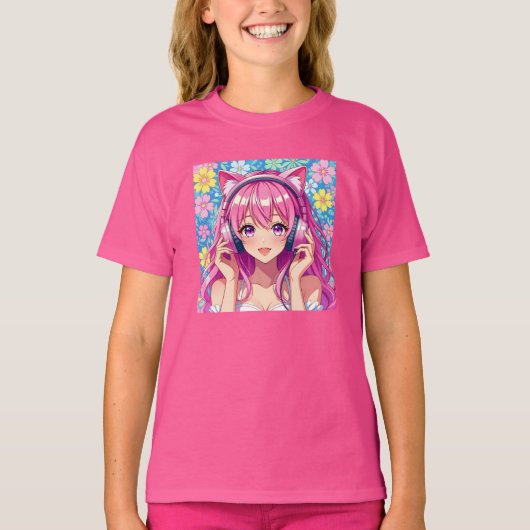 Cute Pink Anime Girl with Headphones T-shirt (Voorkant)