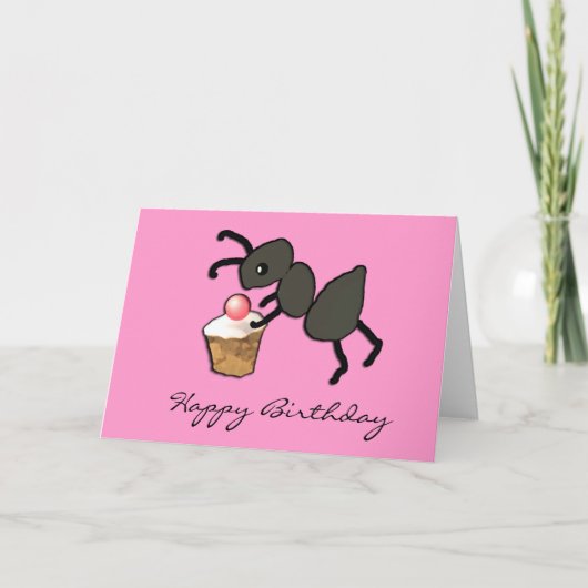 Cute Pink Ant and Cupcake Birthday Card Kaart (Voorkant)