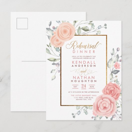 Cute Pink Aquarelle Blooms Floral Rehearsal Dinner Uitnodiging Briefkaart (Voorkant / Achterkant)