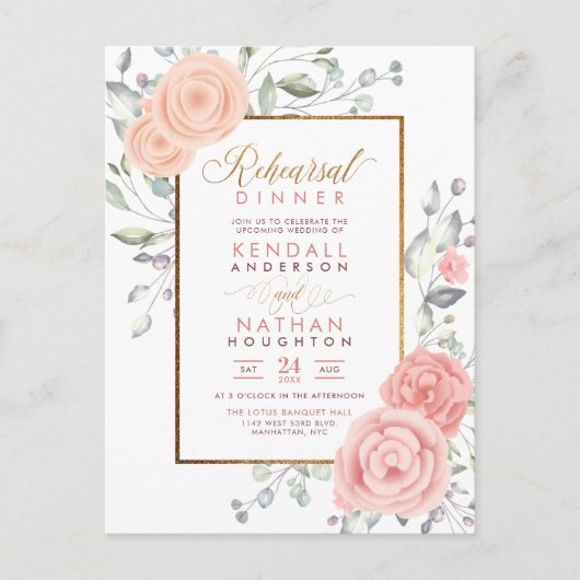 Cute Pink Aquarelle Blooms Floral Rehearsal Dinner Uitnodiging Briefkaart (Voorkant)
