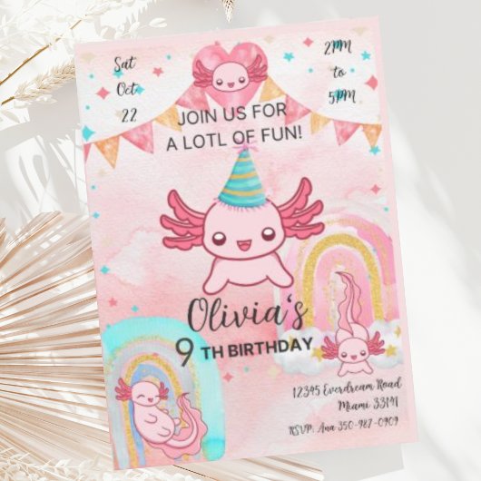 Cute Pink Axolotl Birthday Party Invitation Kaart