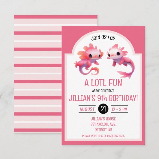 Cute Pink Axolotl Birthday Party Kaart (Voorkant / Achterkant)