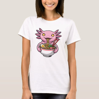 Cute Pink Axolotl Eating Ramen Noodles Cartoon T-shirt