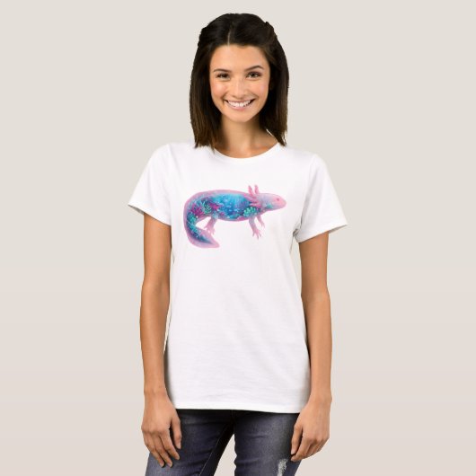 Cute Pink Axolotl Fantasy Ocean Double Exposure T-shirt (Voorkant volledig)