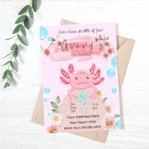 Cute Pink Axolotl Girls Birthday Party Invitation Kaart