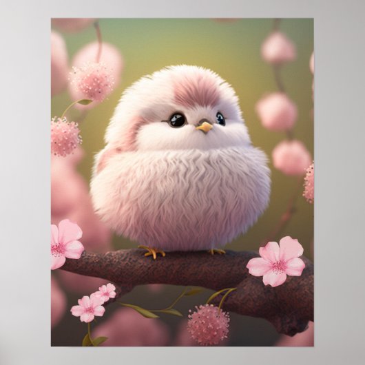 Cute Pink Baby Bird on Tree Floral Art Nursery Poster (Voorkant)
