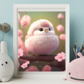 Cute Pink Baby Bird on Tree Floral Art Nursery Poster