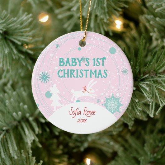 Cute Pink Baby Bunny 1st Kerstmis op maat Keramisch Ornament (Boom)