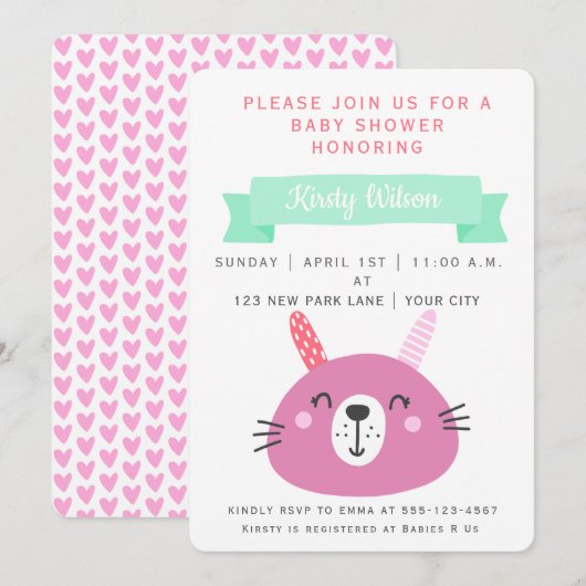 Cute Pink Baby Bunny | BABY SHOWER Kaart (Voorkant / Achterkant)