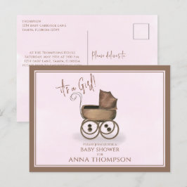 Cute Pink  Baby Carriage Classic Uitnodiging Briefkaart