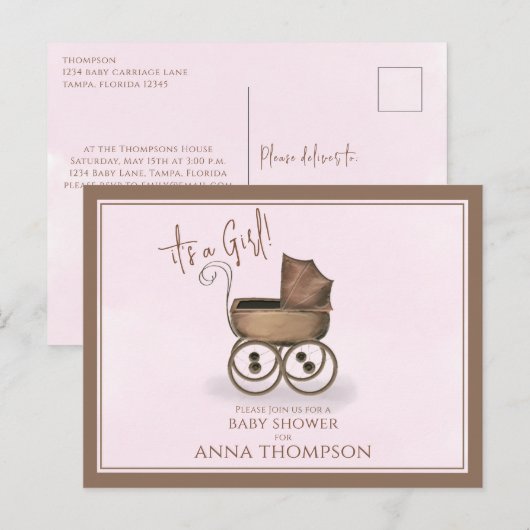 Cute Pink  Baby Carriage Classic Uitnodiging Briefkaart (Voorkant / Achterkant)