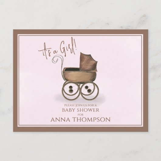 Cute Pink  Baby Carriage Classic Uitnodiging Briefkaart (Voorkant)