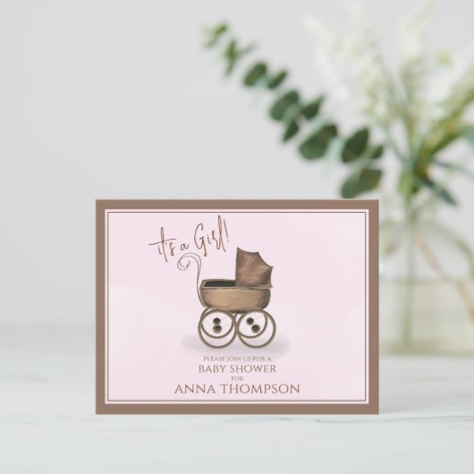 Cute Pink  Baby Carriage Classic Uitnodiging Briefkaart (Staand voorkant)