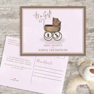 Cute Pink Baby Carriage Classic Uitnodiging Briefkaart