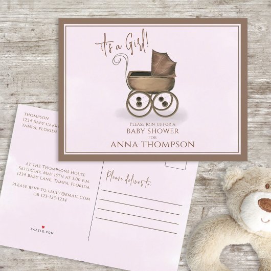 Cute Pink  Baby Carriage Classic Uitnodiging Briefkaart