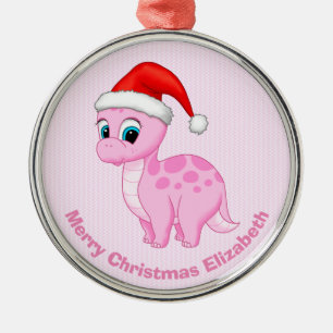 Cute Pink Baby Dinosaur met Santa Hat Metalen Ornament