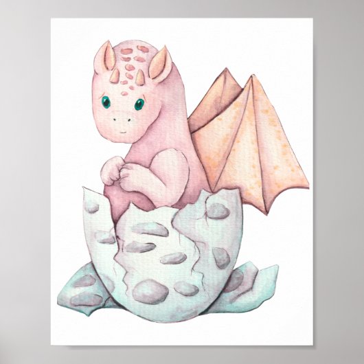 Cute Pink Baby Dragon Hatching Art Poster (Voorkant)