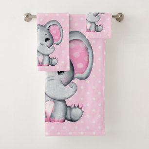 Cute Pink Baby Elephant met Polka Dot Ears Bad Handdoek
