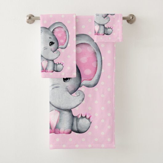 Cute Pink Baby Elephant met Polka Dot Ears Bad Handdoek (Insitu)