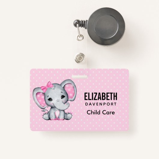 Cute Pink Baby Elephant met Polka Dot Ears Badge (Voorkant met intrekbare)