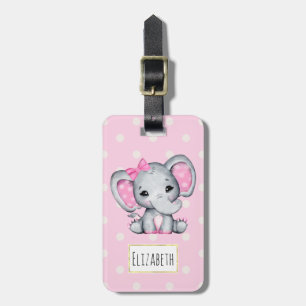 Cute Pink Baby Elephant met Polka Dot Ears Bagagelabel