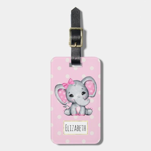 Cute Pink Baby Elephant met Polka Dot Ears Bagagelabel (Voorkant verticaal)