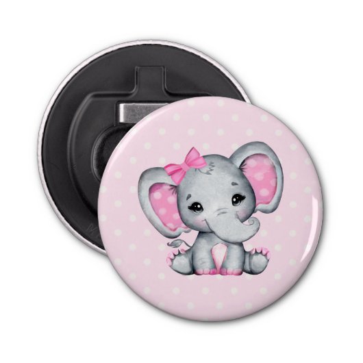Cute Pink Baby Elephant met Polka Dot Ears Button Flesopener (Voorkant)