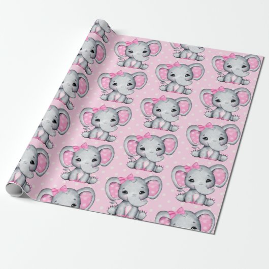 Cute Pink Baby Elephant met Polka Dot Ears Cadeaupapier (Uitgerold)