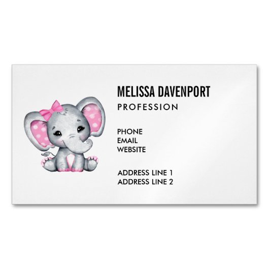 Cute Pink Baby Elephant met Polka Dot Ears Magnetisch Visitekaartje (Voorkant)