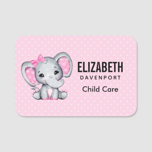 Cute Pink Baby Elephant met Polka Dot Ears Naamplaatje (Voorkant)