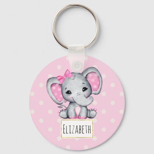 Cute Pink Baby Elephant met Polka Dot Ears Sleutelhanger (Voorkant)