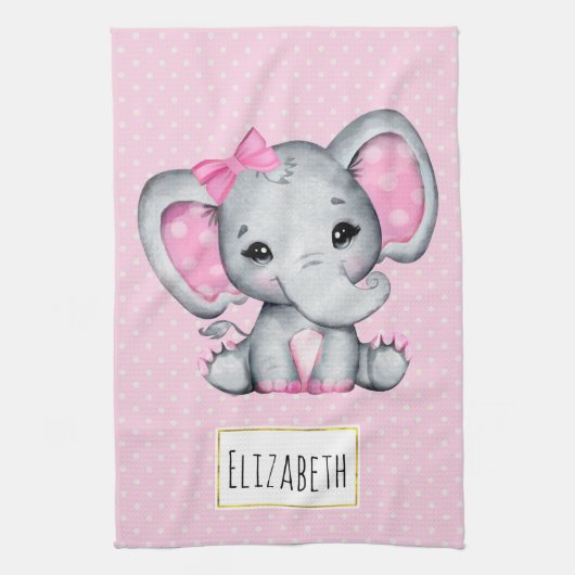 Cute Pink Baby Elephant met Polka Dot Ears Theedoek (Verticaal)