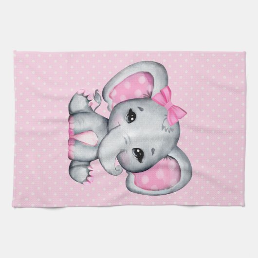 Cute Pink Baby Elephant met Polka Dot Ears Theedoek (Horizontaal)