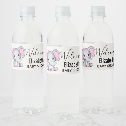 Cute Pink Baby Elephant met Polka Dot Ears Waterfles Etiket (Flessen)