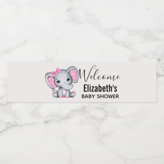 Cute Pink Baby Elephant met Polka Dot Ears Waterfles Etiket (Enkel label)