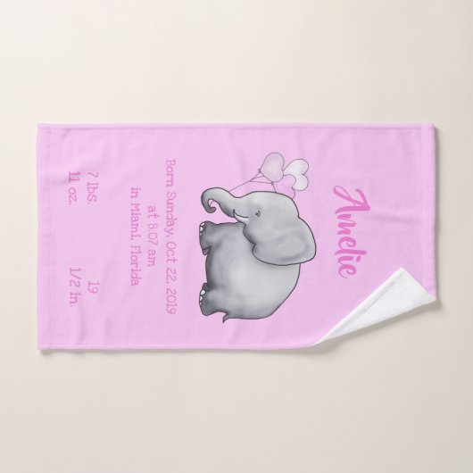 Cute Pink Baby Girl Birth Stats Elephant Nursery Handdoek (Handdoek)