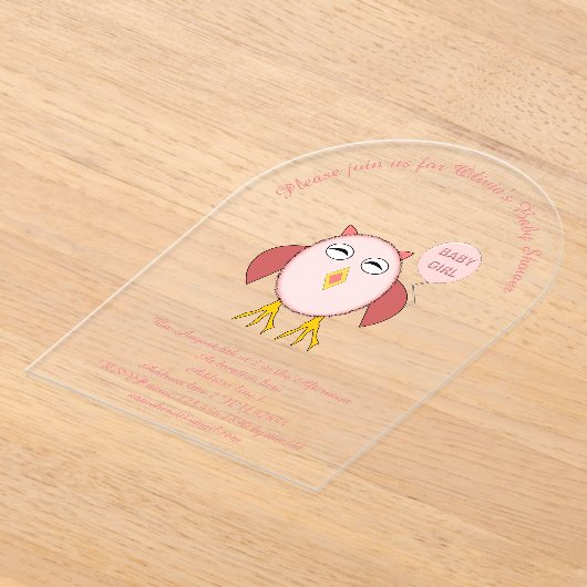 Cute Pink Baby Girl Owl Custom Baby shower Acryl Uitnodigingen (Laagn)