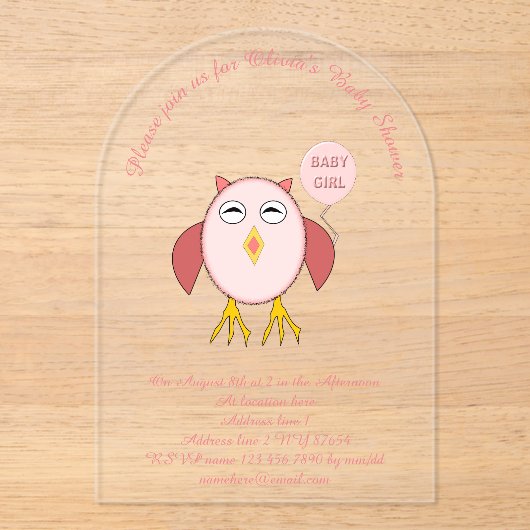 Cute Pink Baby Girl Owl Custom Baby shower Acryl Uitnodigingen (Voorkant)