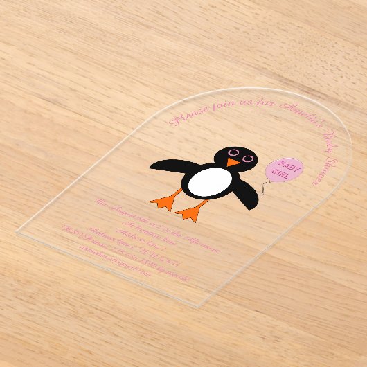 Cute Pink Baby Girl Penguin Aangepast Baby shower Acryl Uitnodigingen (Laagn)