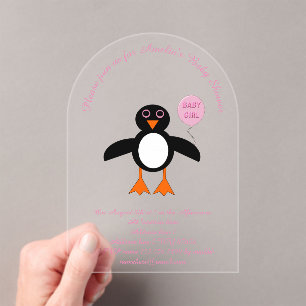 Cute Pink Baby Girl Penguin Aangepast Baby shower Acryl Uitnodigingen
