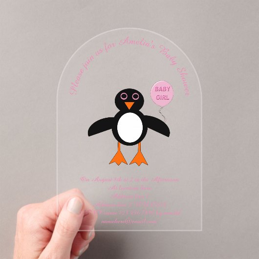Cute Pink Baby Girl Penguin Aangepast Baby shower Acryl Uitnodigingen (Insitu (Draagbaar))