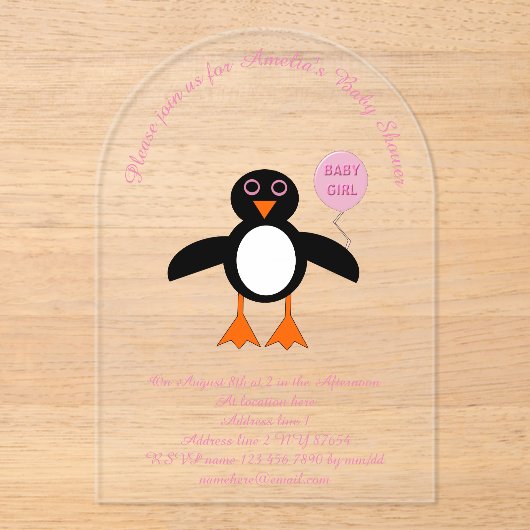 Cute Pink Baby Girl Penguin Aangepast Baby shower Acryl Uitnodigingen (Voorkant)
