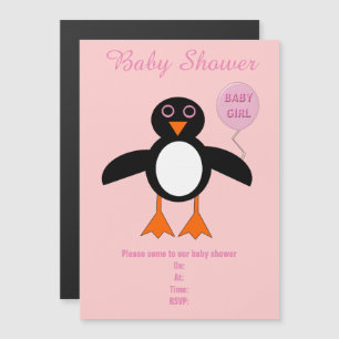 Cute Pink Baby Girl Penguin Aangepast Baby shower Magnetische Uitnodiging