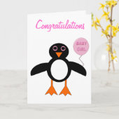 Cute Pink Baby Girl Penguin Custom Kaart (Gele Bloem)