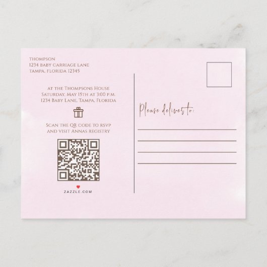 Cute Pink  Baby QR Code Cadeauregister Uitnodiging Briefkaart (Achterkant)