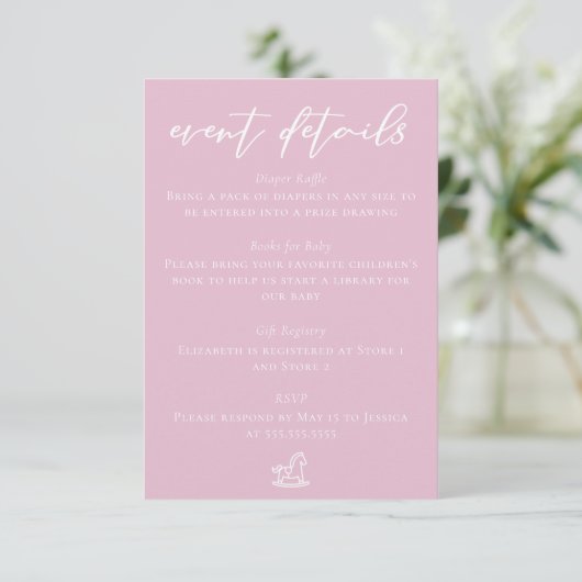 Cute Pink Baby Shower Event Details Informatiekaartje (Staand voorkant)
