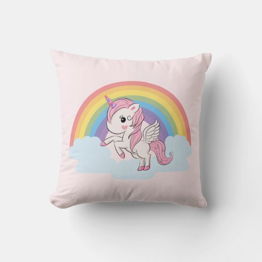 Cute Pink Baby Unicorn en Rainbow Kussen (Voorkant)