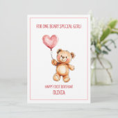 Cute Pink Balloon Teddy Bear Happy 1st Birthday Kaart (Staand voorkant)